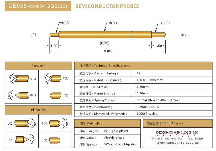 0.58mm雙頭探針，BGA測試針，華榮華雙頭彈簧針廠家