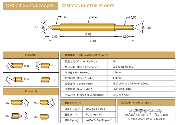 0.78mm雙頭探針，BGA測試針，華榮華BGA雙頭彈簧針廠家